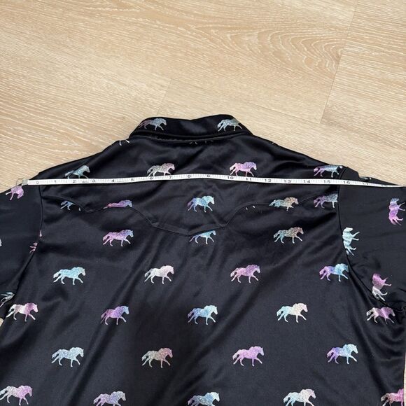 Wrangler Western Shirt Snap Buttons Hologram Horse Print Womens Sz M Black Satin - Picture 9 of 11